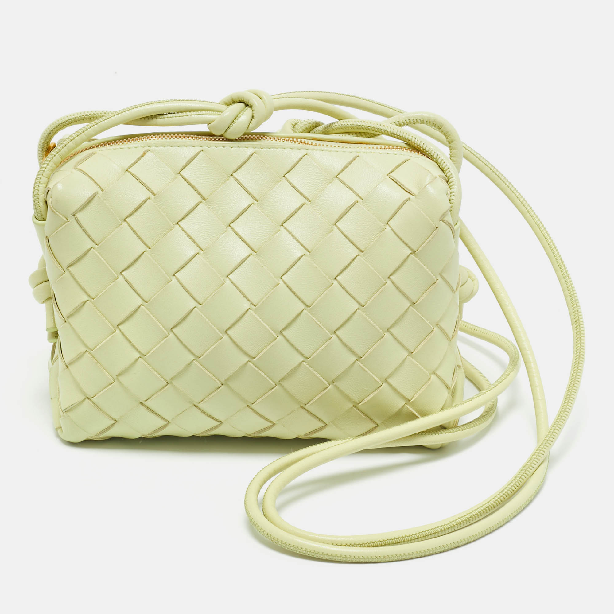 Pre-owned Bottega Veneta Lime Intrecciato Leather Mini Loop Camera Bag In Yellow
