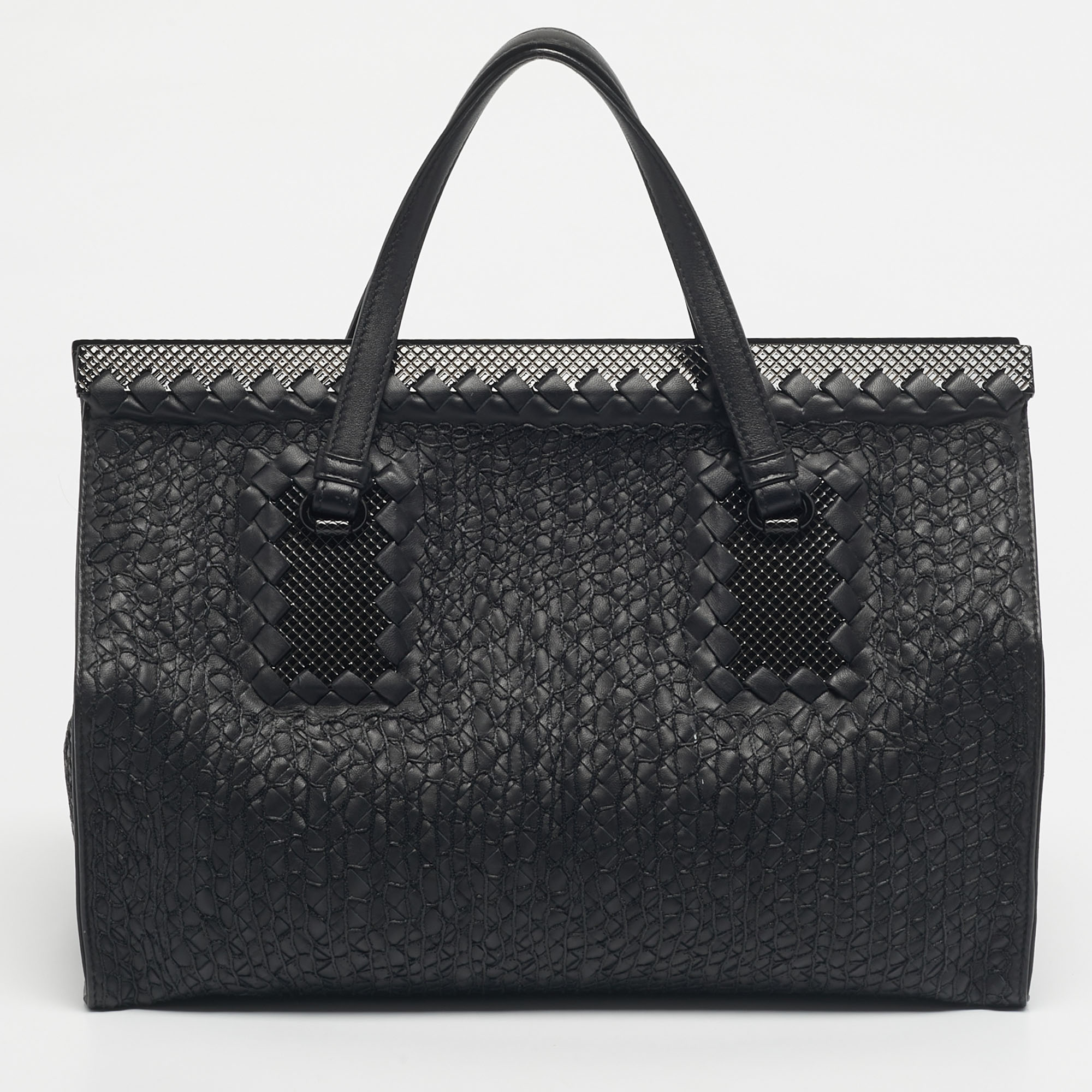 Bottega Veneta Black Embroidered Intrecciato Leather Frame Satchel