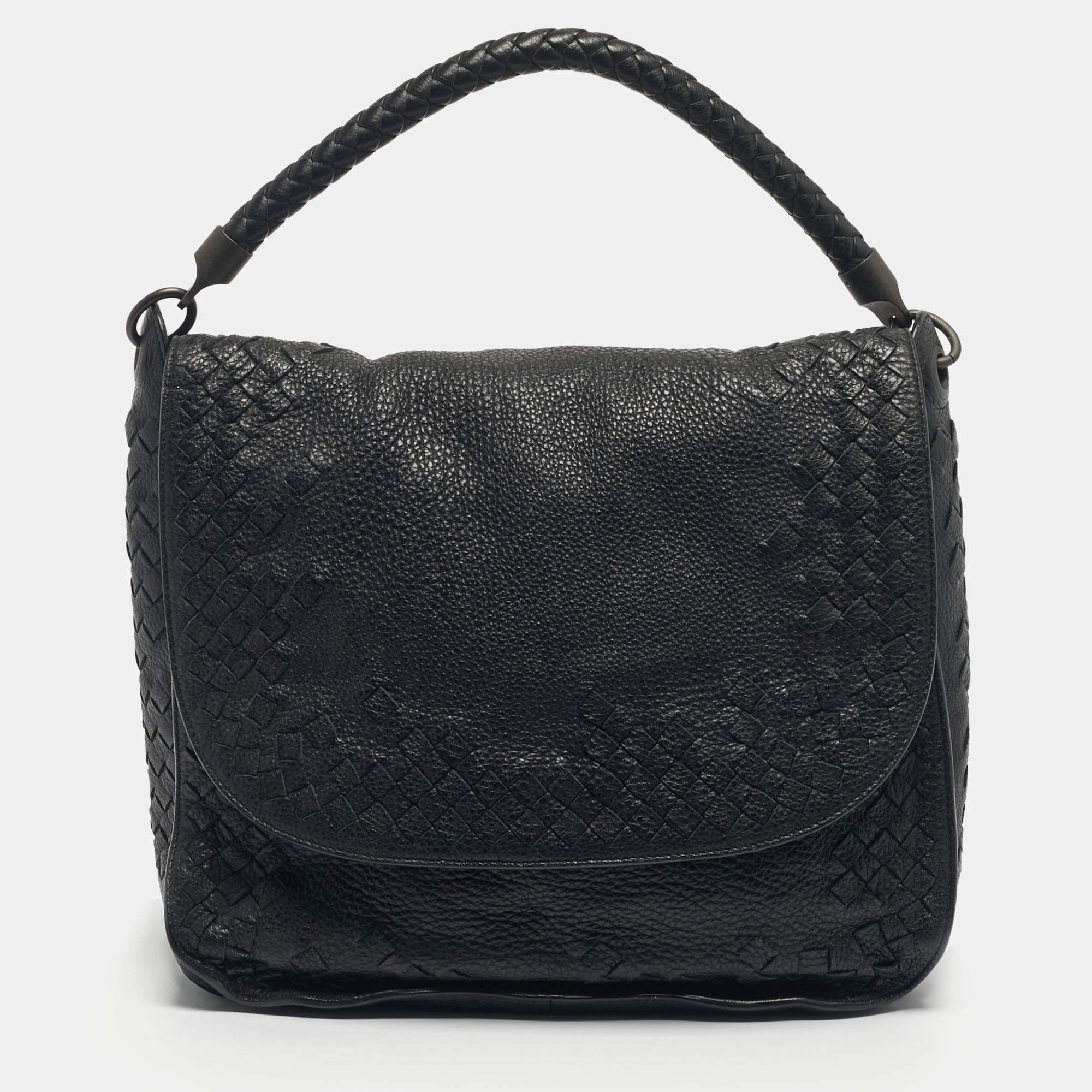 

Bottega Veneta Black Intrecciato Leather Flap Hobo