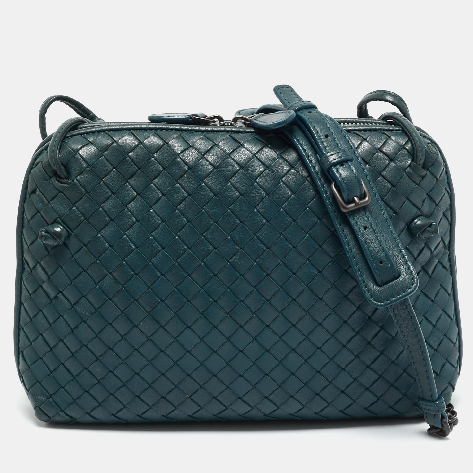 

Bottega Veneta Teal Green Intrecciato Leather Nodini Crossbody Bag