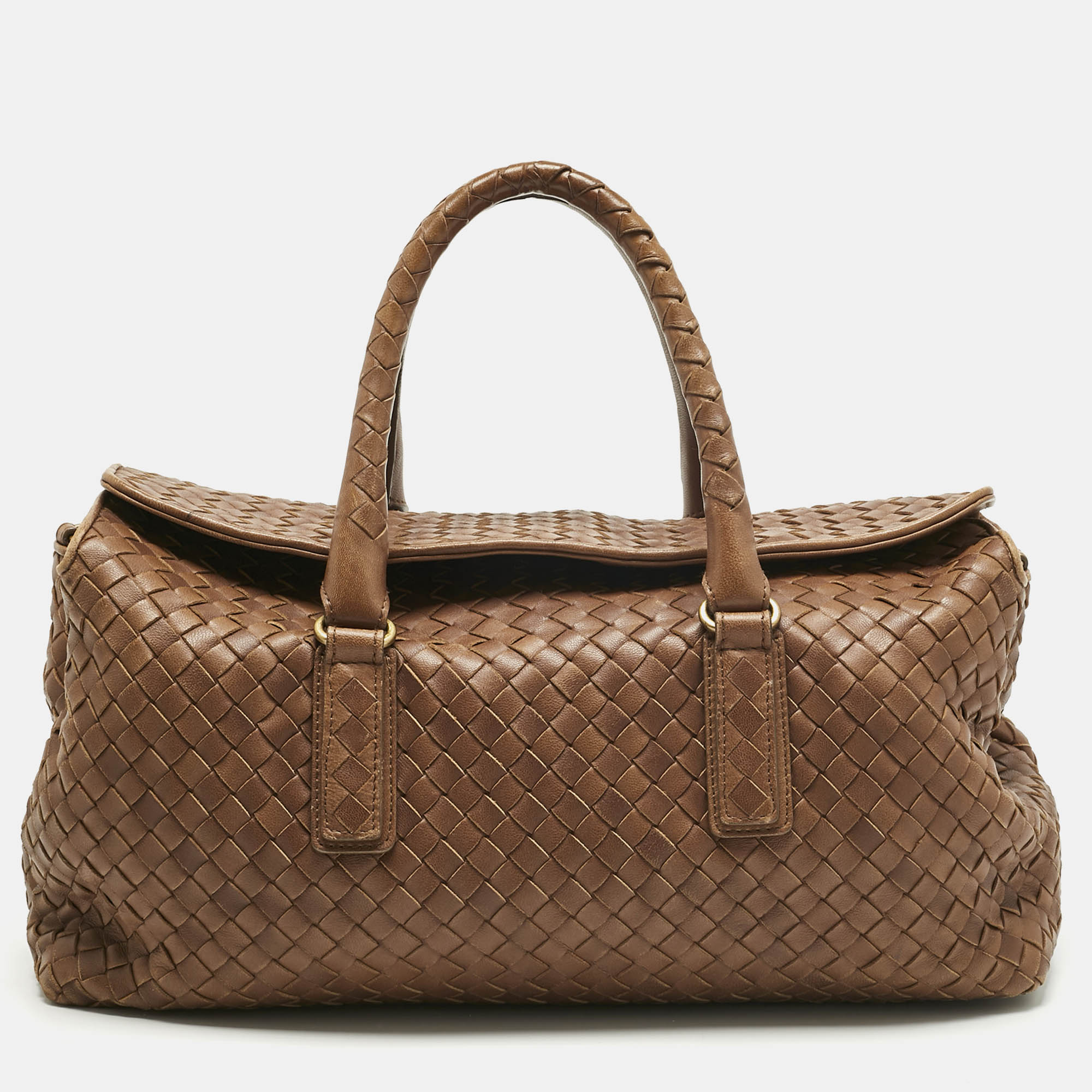 

Bottega Veneta Brown Intrecciato Leather Flap Bowler Bag