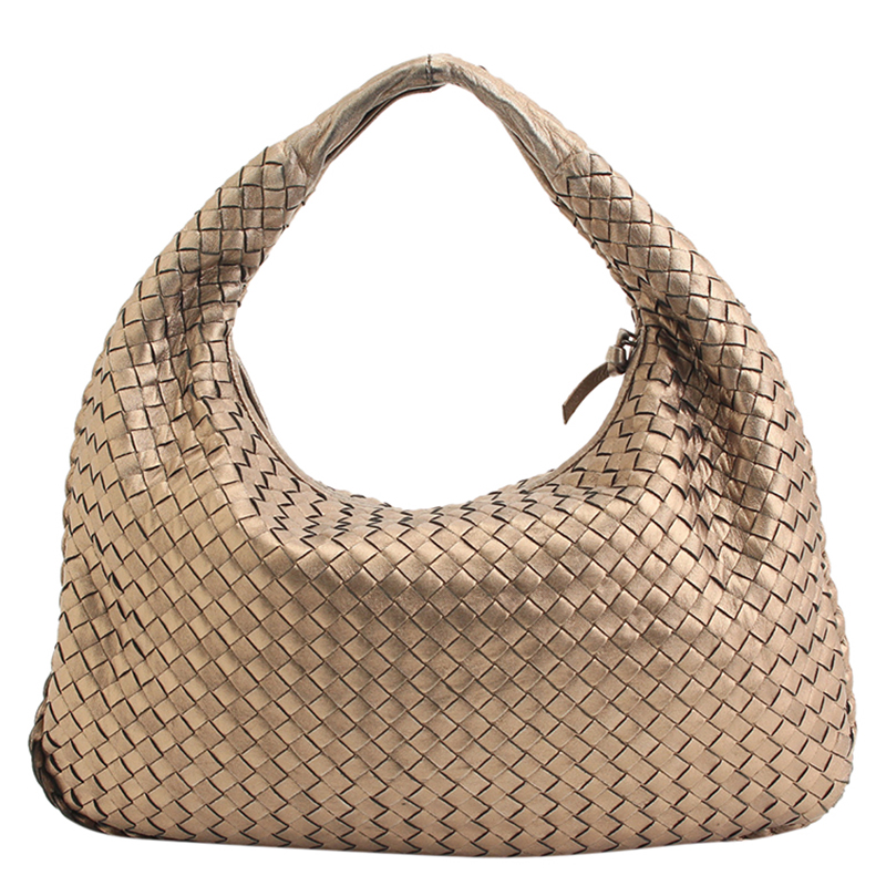 Bottega Veneta Gold Metallic Intrecciato Leather Medium Veneta Hobo ...