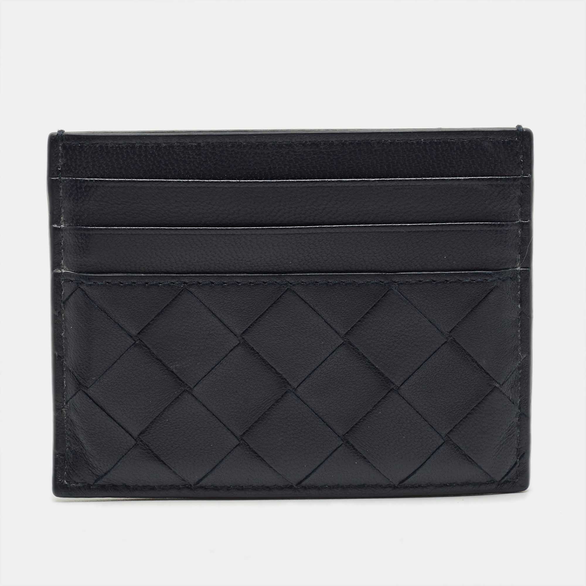 Pre-owned Bottega Veneta Navy Blue Intrecciato Leather Card Holder