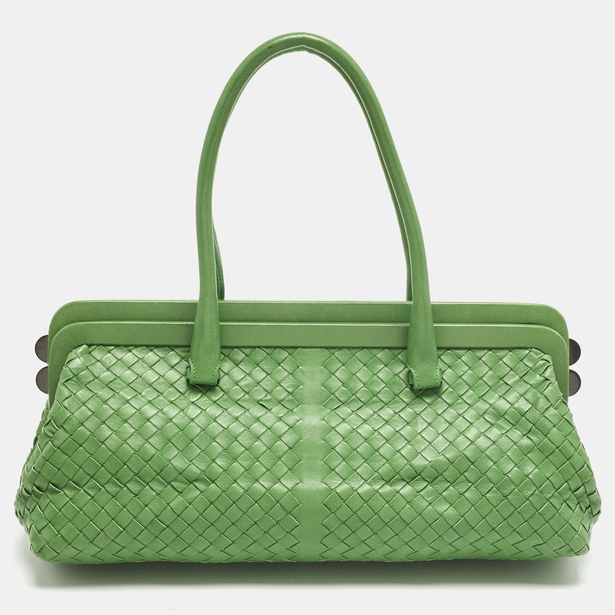 

Bottega Veneta Green Intrecciato Leather Frame Satchel