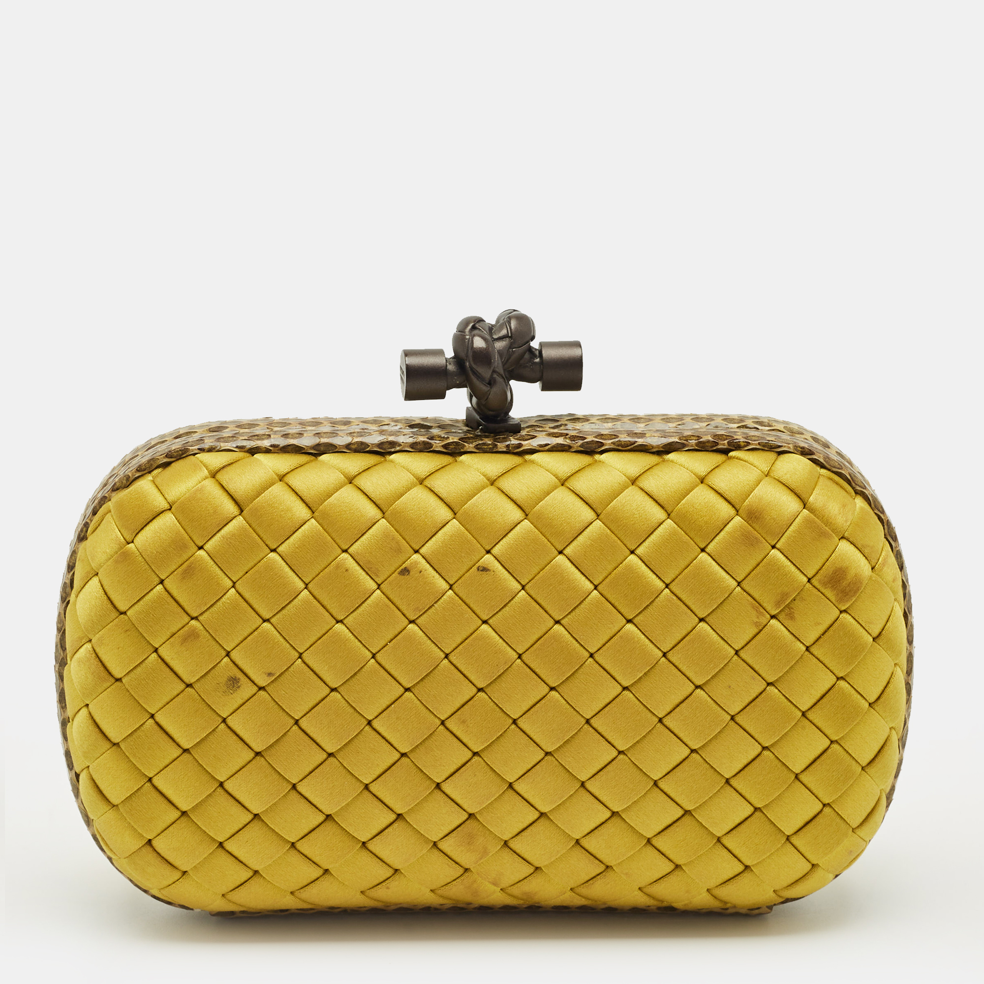 

Bottega Veneta Yellow Intrecciato Satin and Snakeskin Knot Clutch