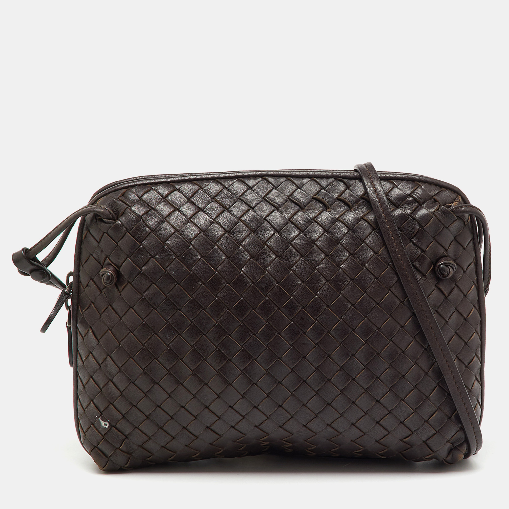 

Bottega Veneta Dark Brown Intrecciato Leather Nodini Crossbody Bag
