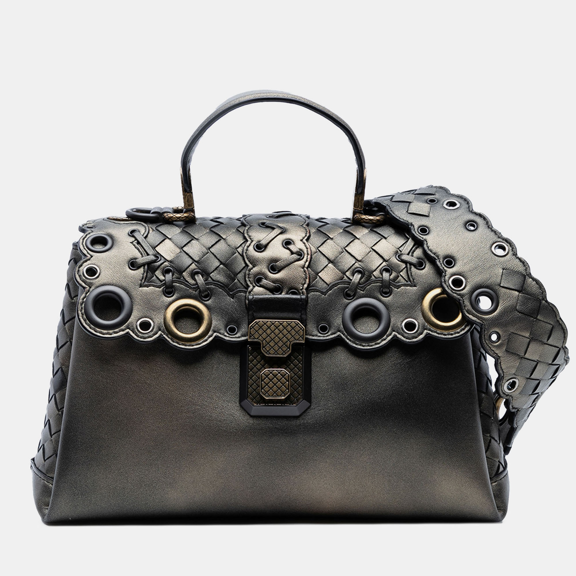 

Bottega Veneta Brown Small Intrecciato Trimmed Metallic Nappa Grommet Piazza Satchel