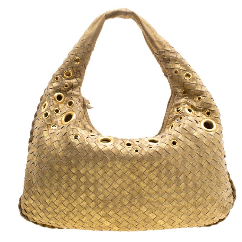 حقيبة بوتيغا فينيتا حلقات صغيرة جلد إنترشياتو لامعة ذهبية