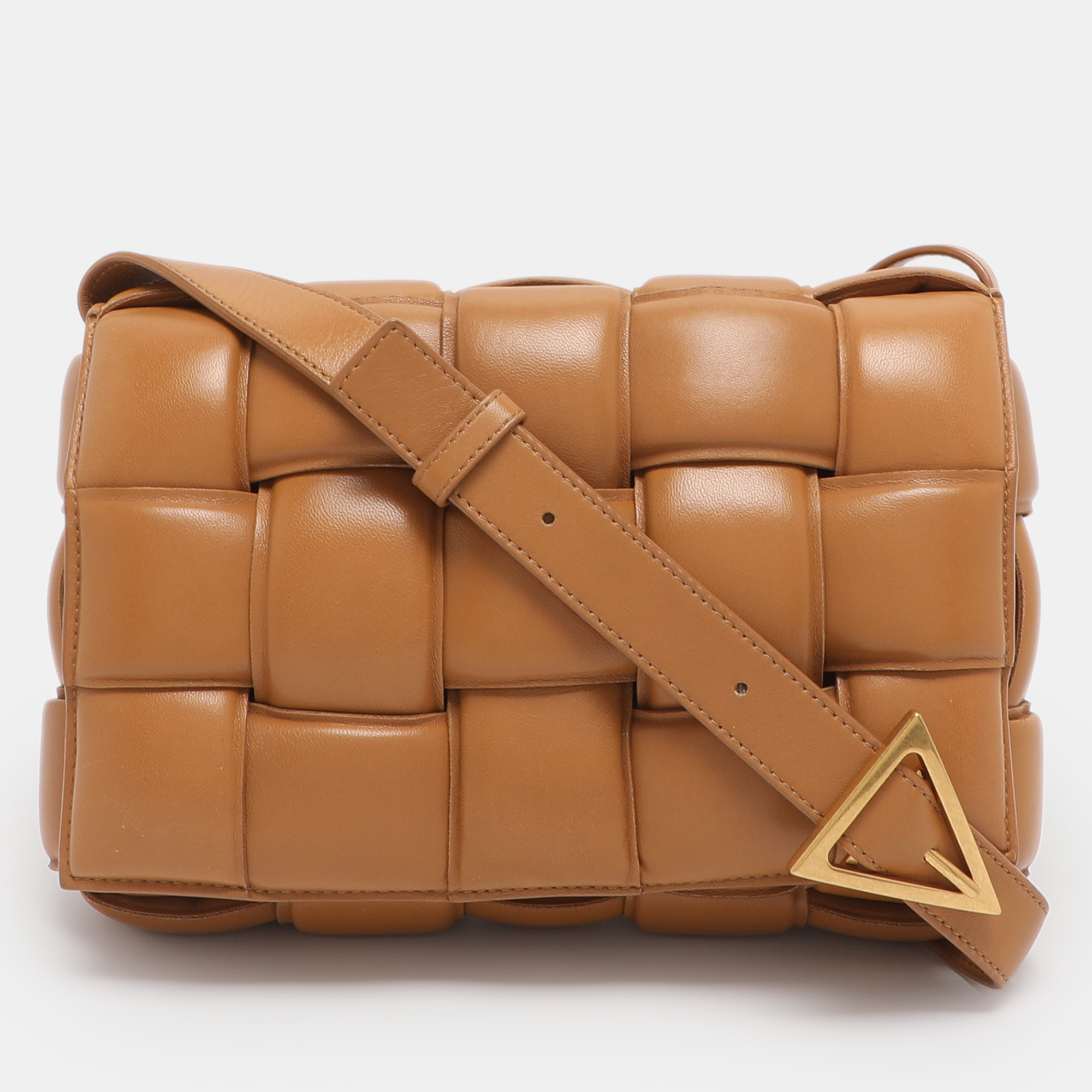Pre-owned Bottega Veneta Tan Intreccio Leather Padded Cassette Shoulder Bag In Brown