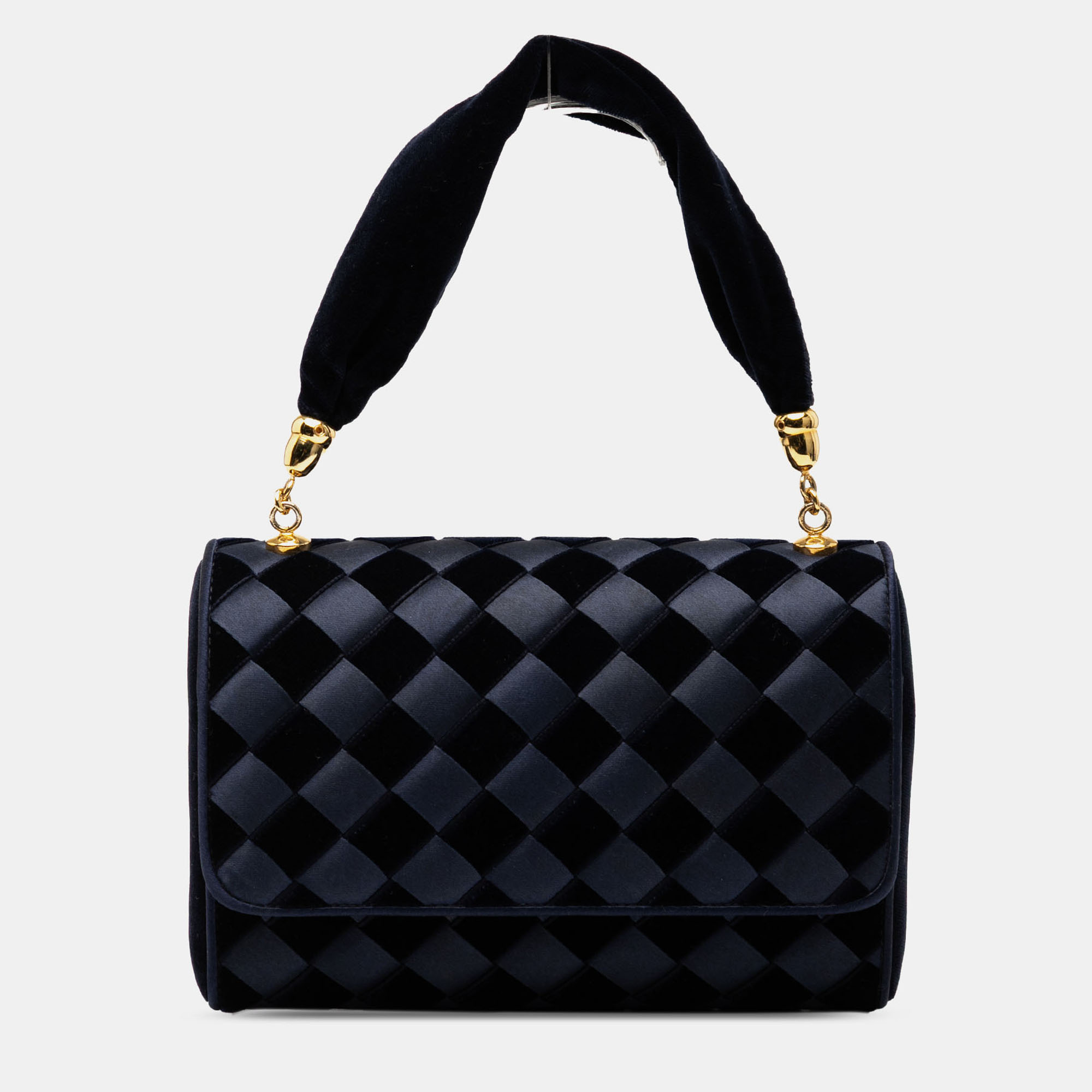 

Bottega Veneta Navy Blue Velvet and Satin Intrecciato Top Handle Bag