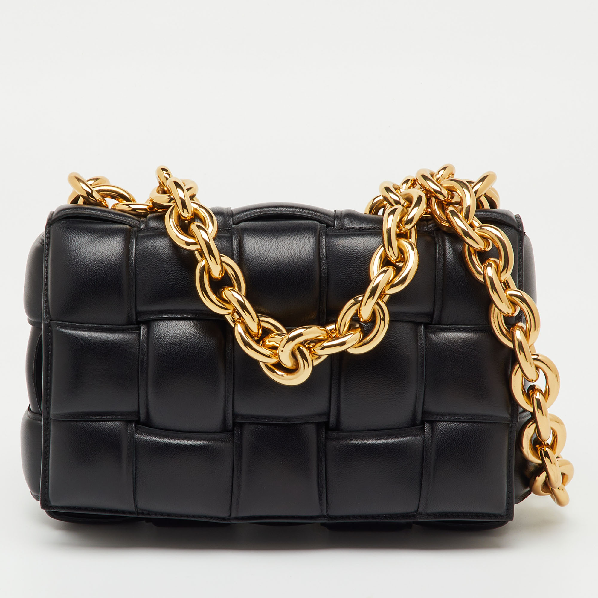 

Bottega Veneta Black Padded Leather Cassette Chain Top Handle Bag