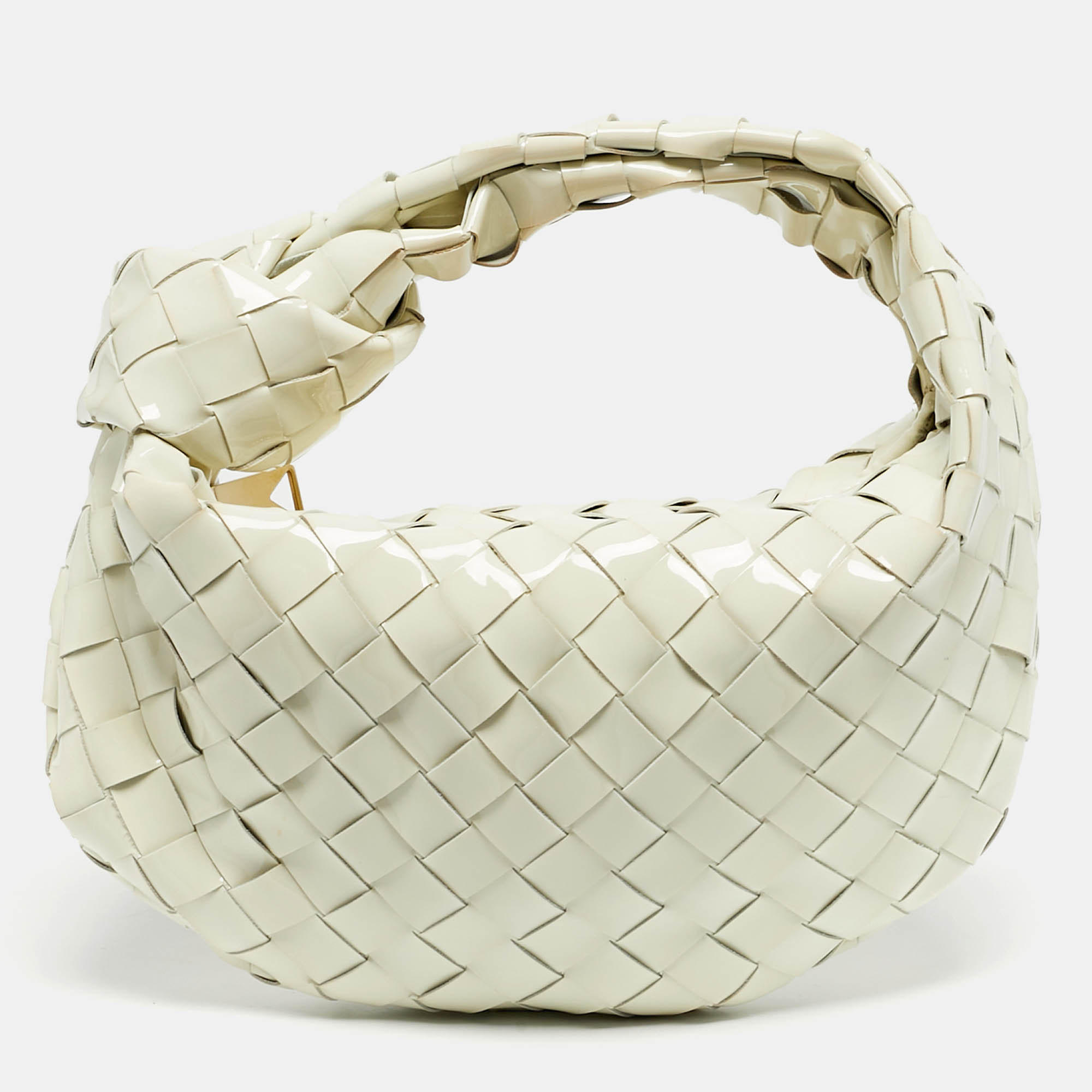 

Bottega Veneta White Intrecciato Patent Leather Mini Jodie Hobo