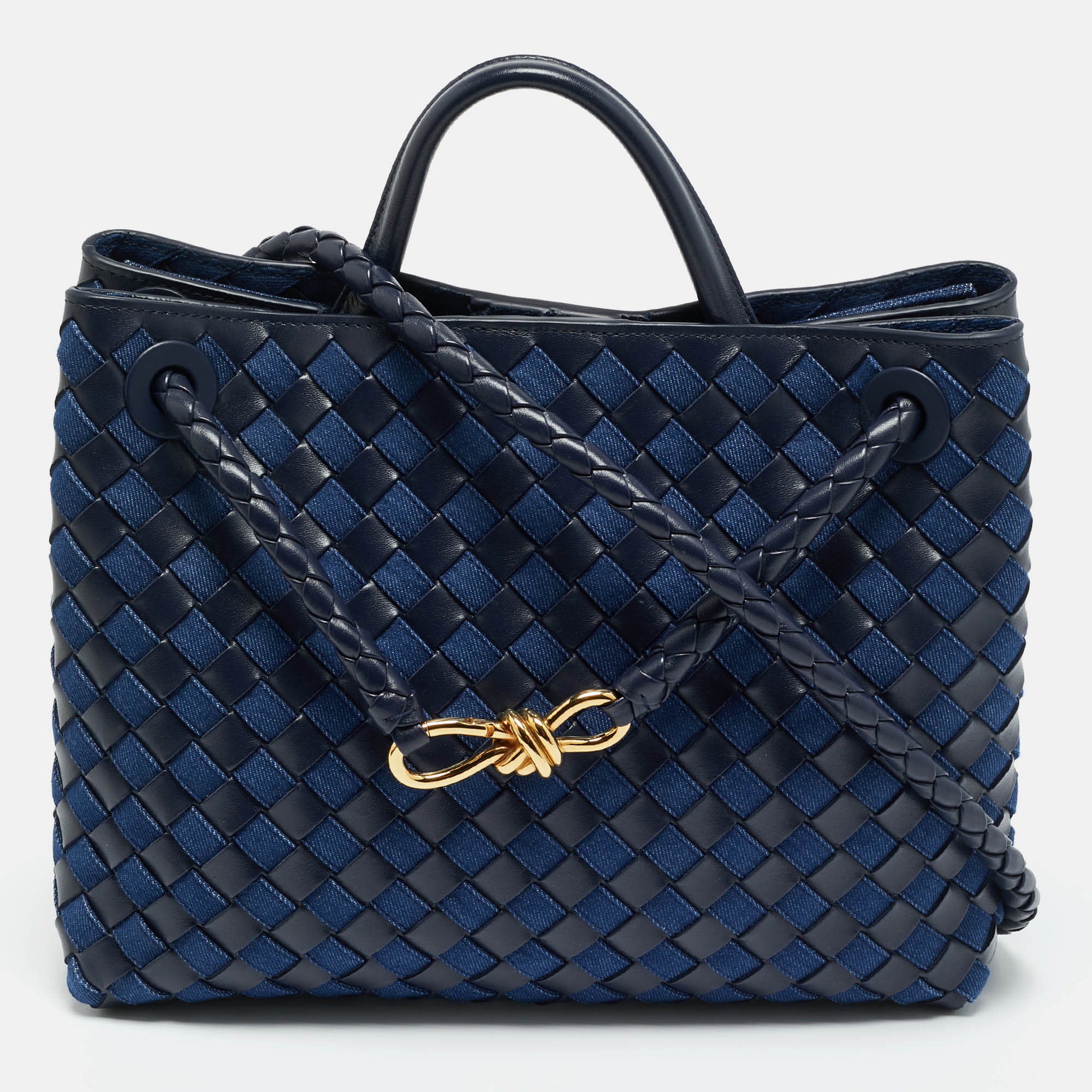 

Bottega Veneta Navy Blue Intrecciato Leather and Denim  Andiamo Bag