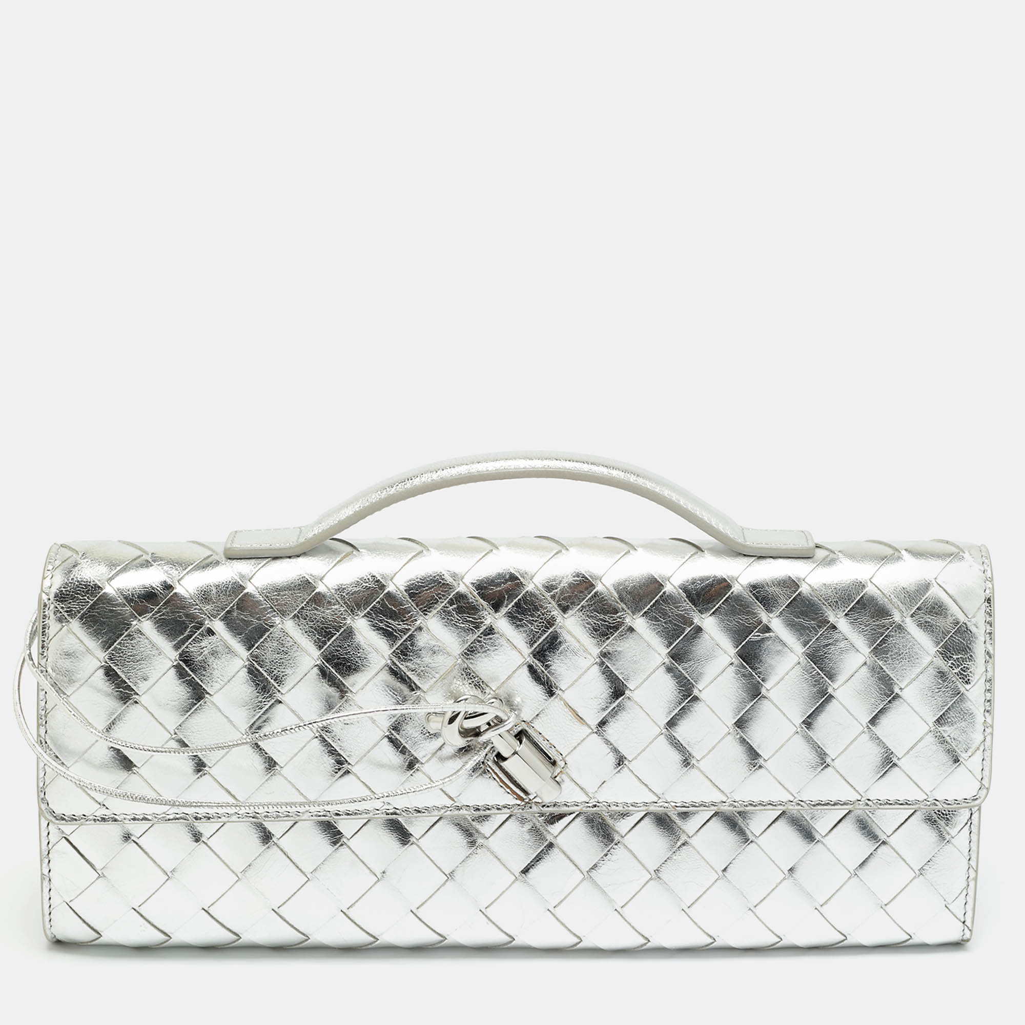

Bottega Veneta Silver Intrecciato Leather Andiamo Clutch
