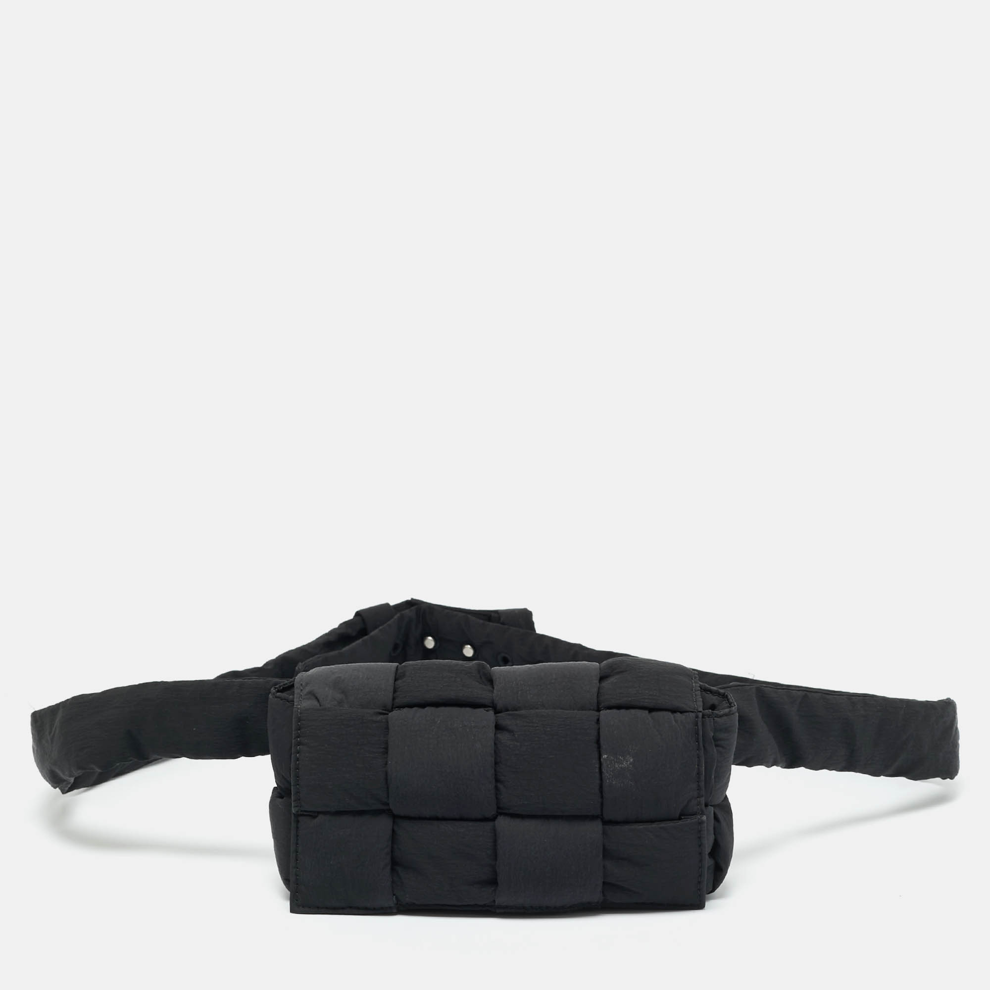 Pre-owned Bottega Veneta Black Intreccio Nylon Cassette Belt Bag
