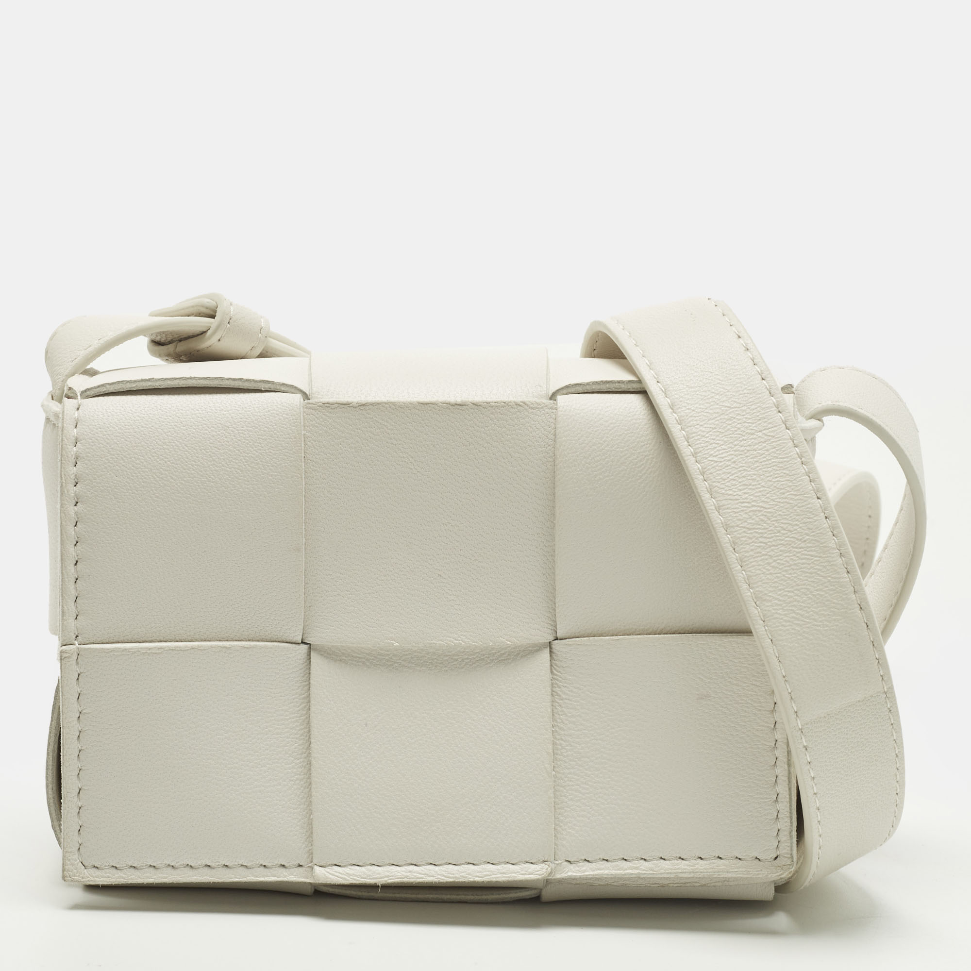 

Bottega Veneta Cassette Mini White Intrecciato Leather Crossbody Bag