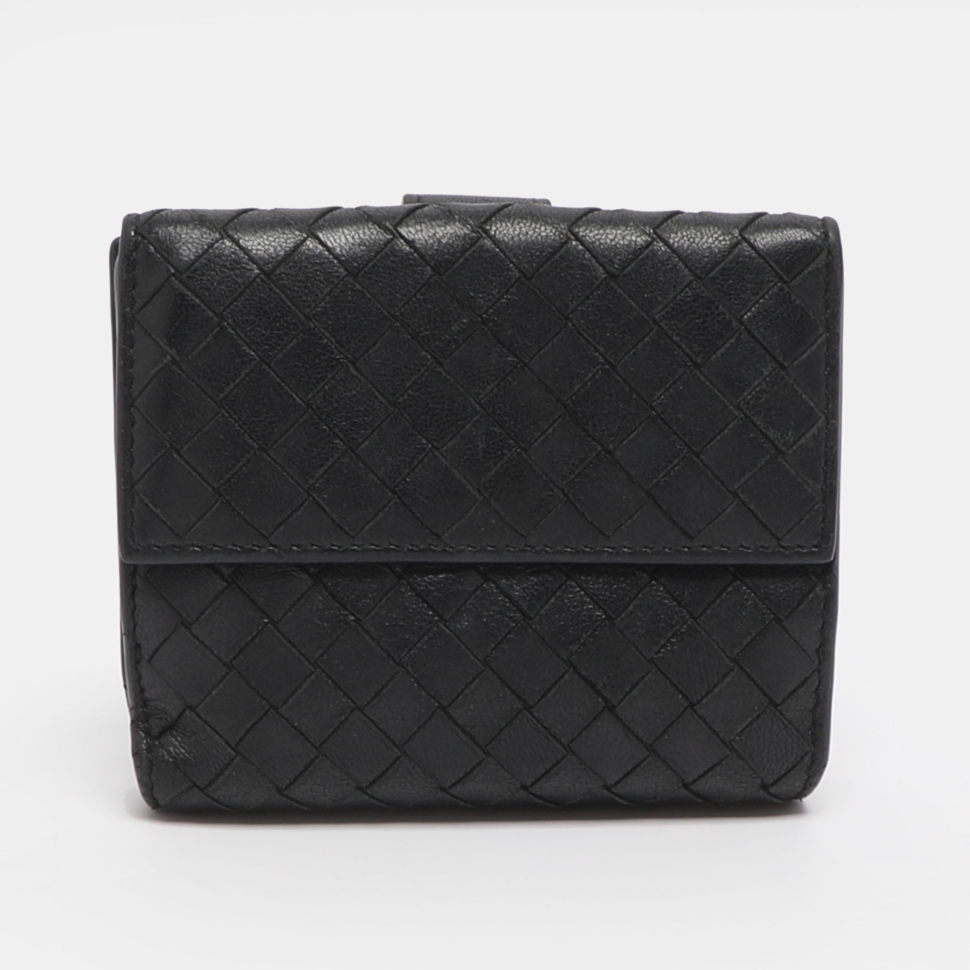 Pre-owned Bottega Veneta Black Intrecciato Leather French Wallet