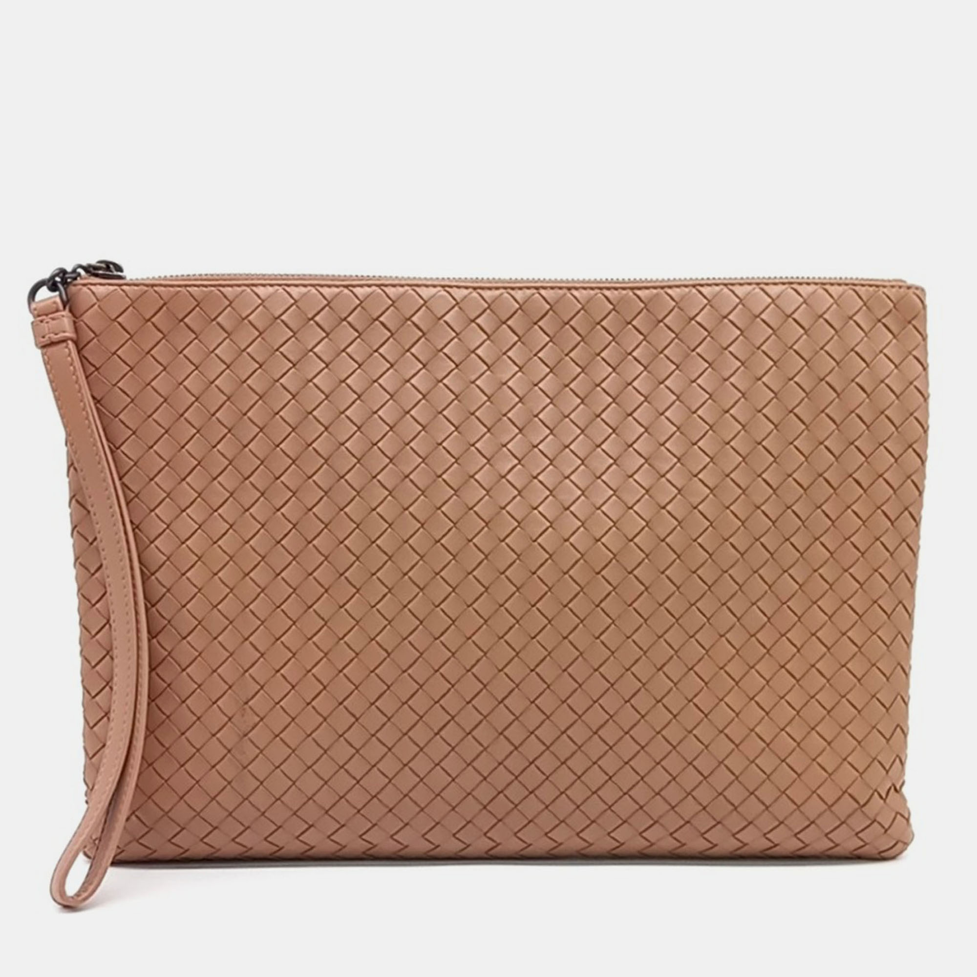 Pre-owned Bottega Veneta Beige Leather Mesh Clutch In Sand