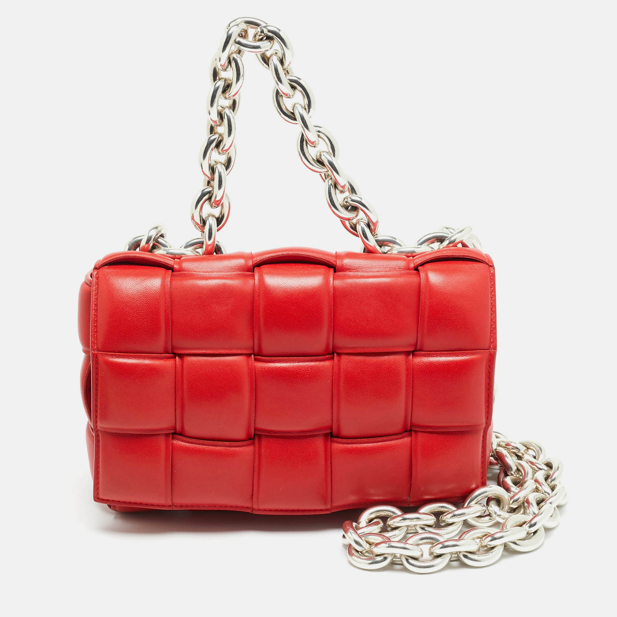 

Bottega Veneta Cassette Chain Red Padded Leather Top Handle Bag