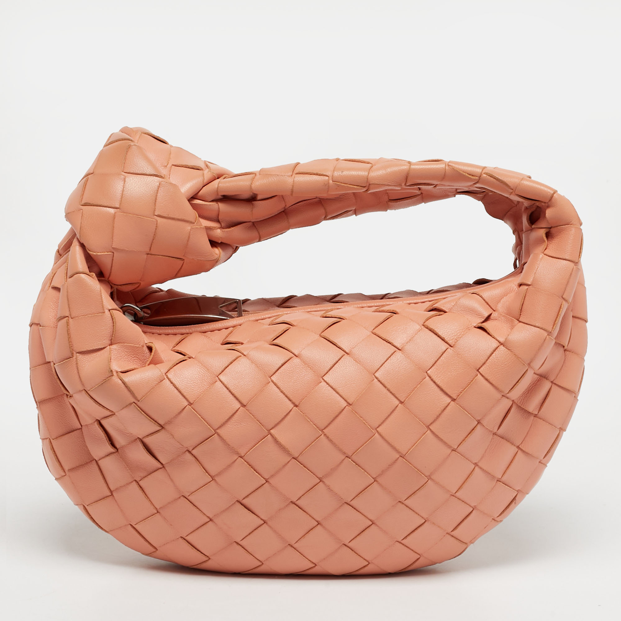 

Bottega Veneta Jodie Knot Mini Peach Pink Intrecciato Leather Hobo
