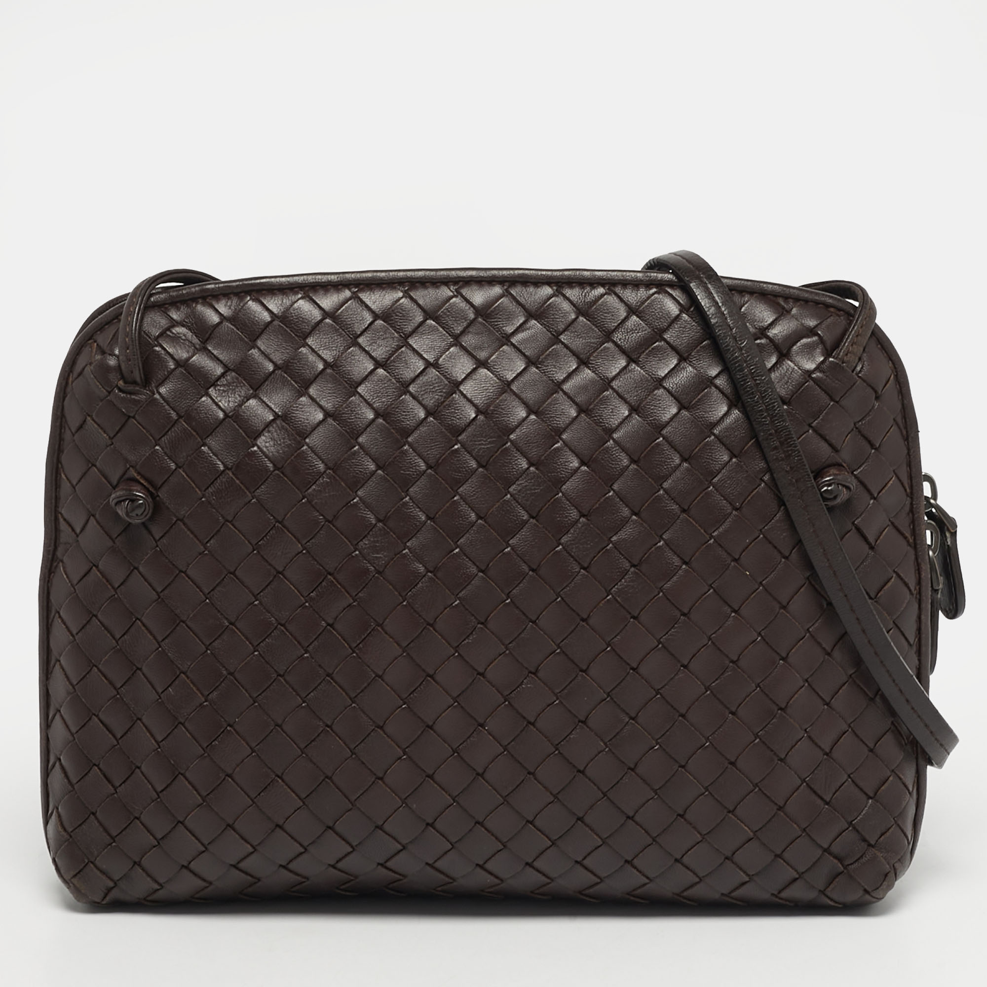 

Bottega Veneta Nodini Dark Brown Intrecciato Leather Crossbody Bag