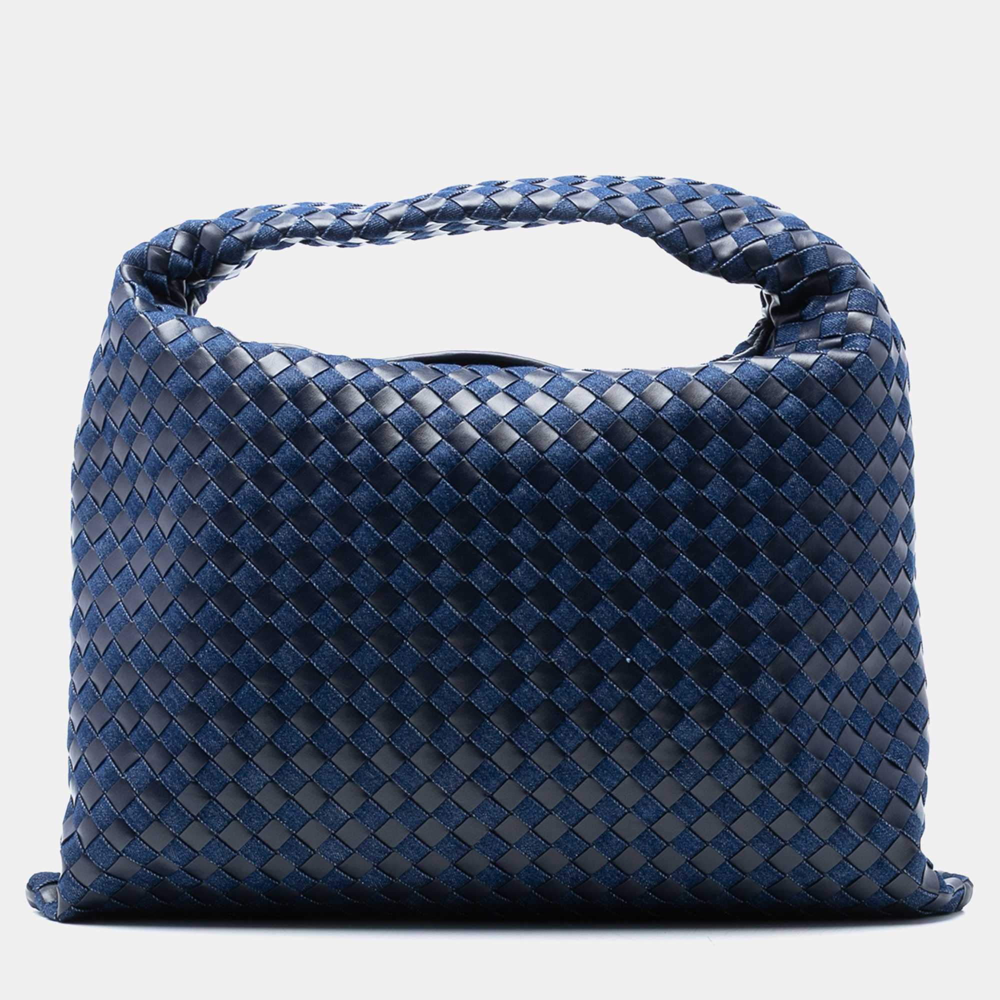 

Bottega Veneta Blue Large Calfskin and Denim Intrecciato Hop Hobo