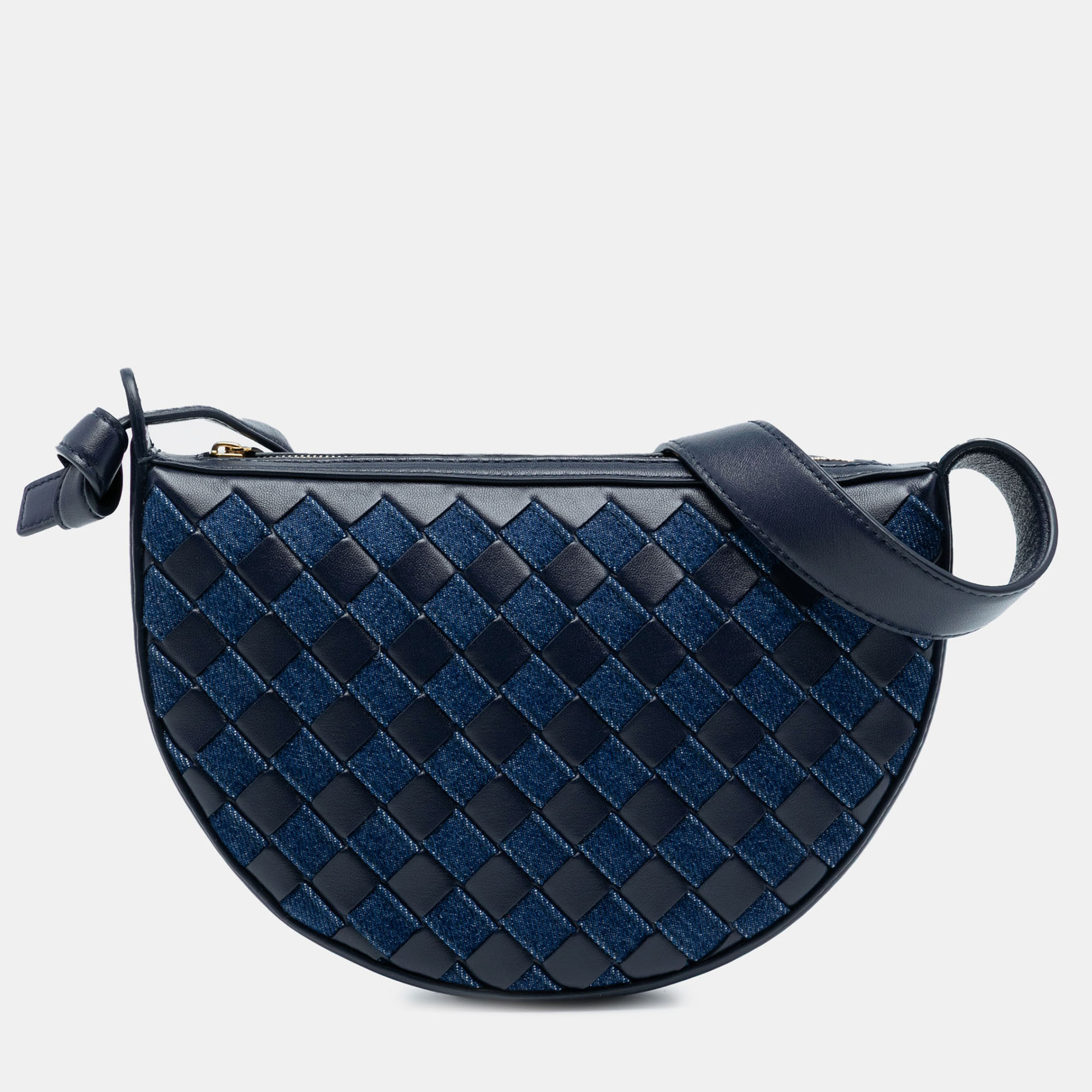 

Bottega Veneta Blue Mini Leather and Denim Intrecciato Sunrise Hobo