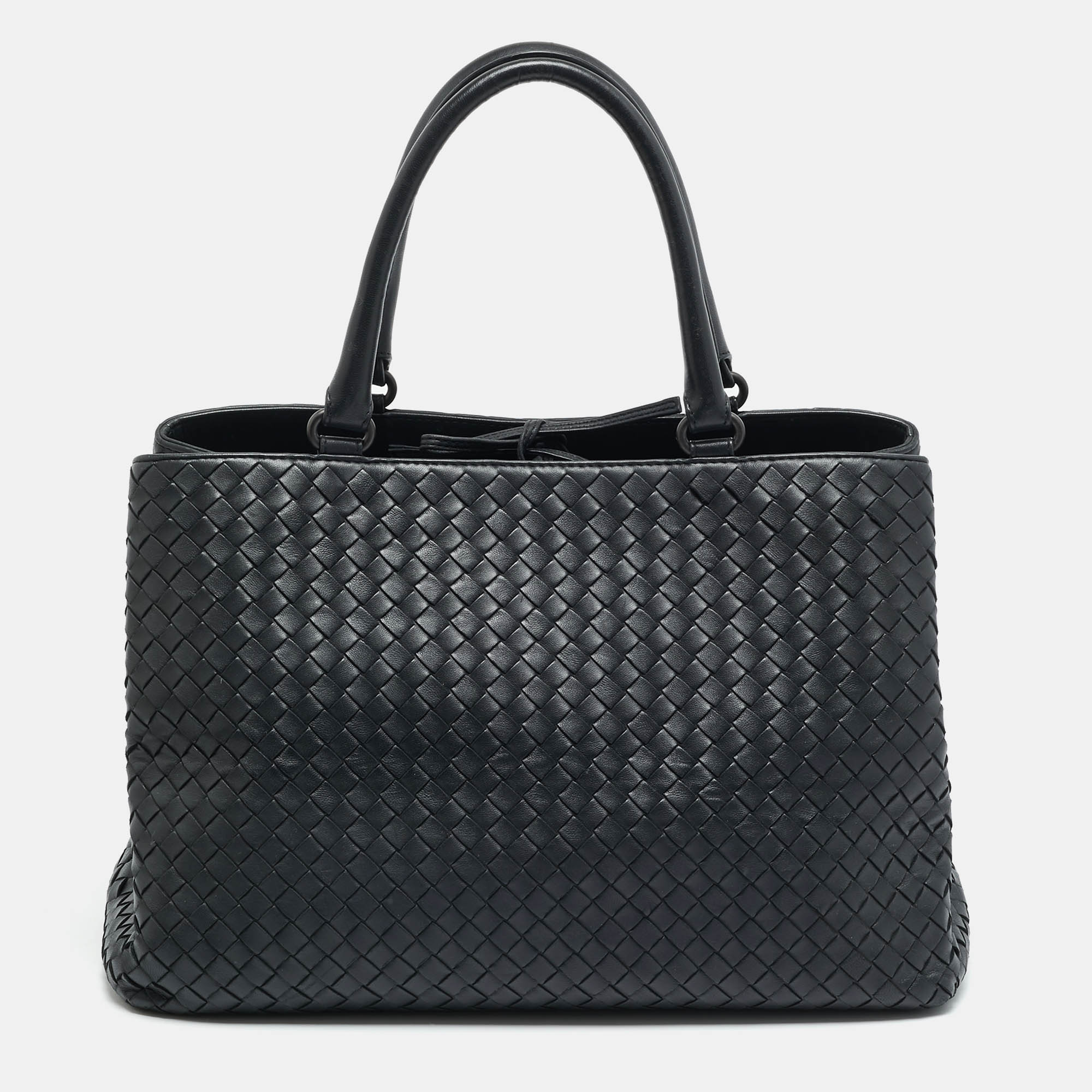 

Bottega Veneta Double Compartment Dark Grey Intrecciato Leather Tote