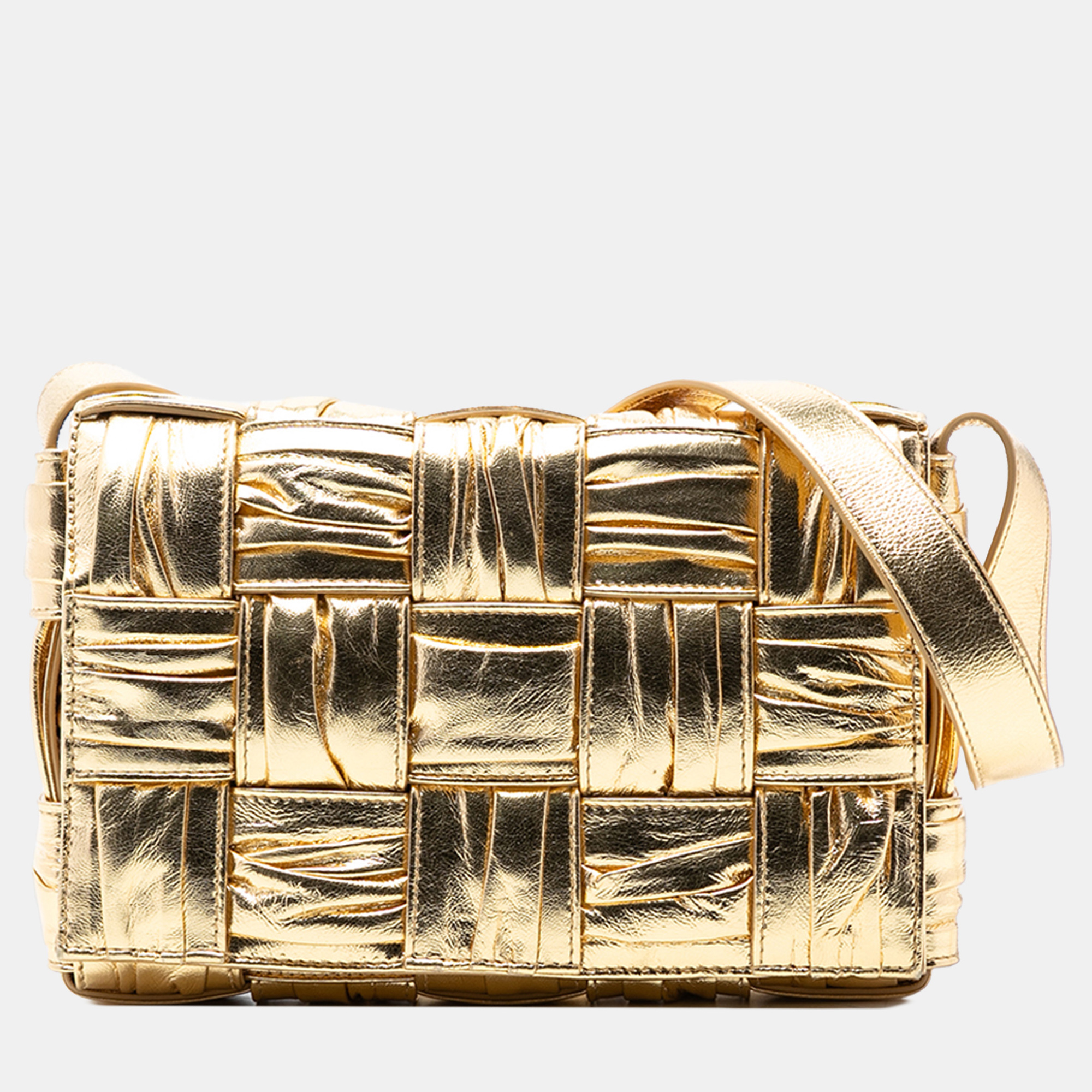 

Bottega Veneta Gold Metallic Calfskin Intreccio Plisse Cassette Crossbody