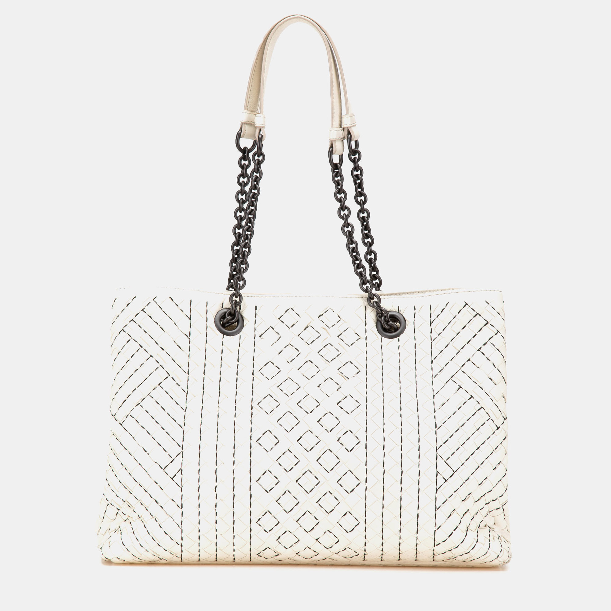 

Bottega Veneta White Medium Intrecciato Stitched Double Chain Tote