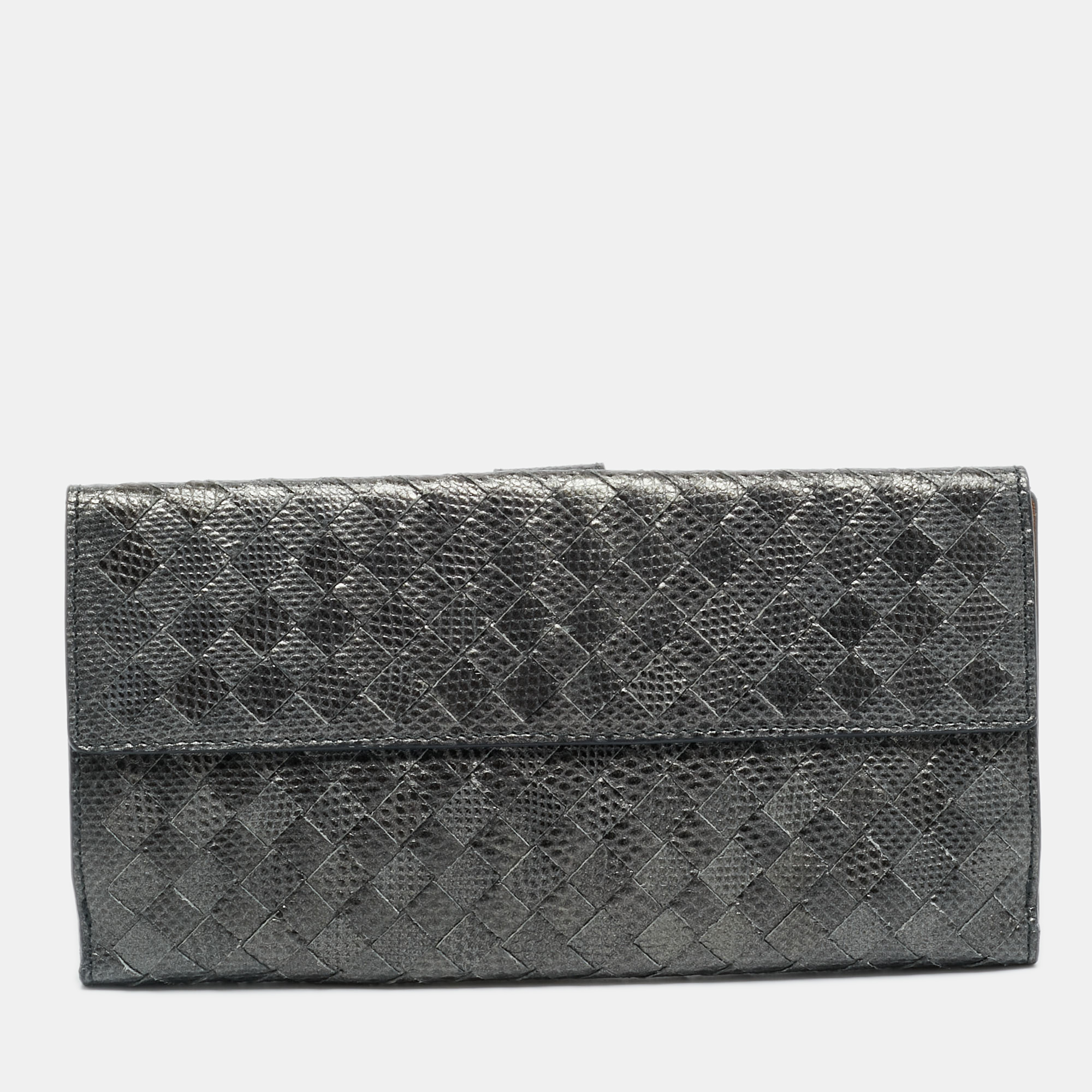 

Bottega Veneta Grey Lizard Embossed Intrecciato Leather French Flap Wallet