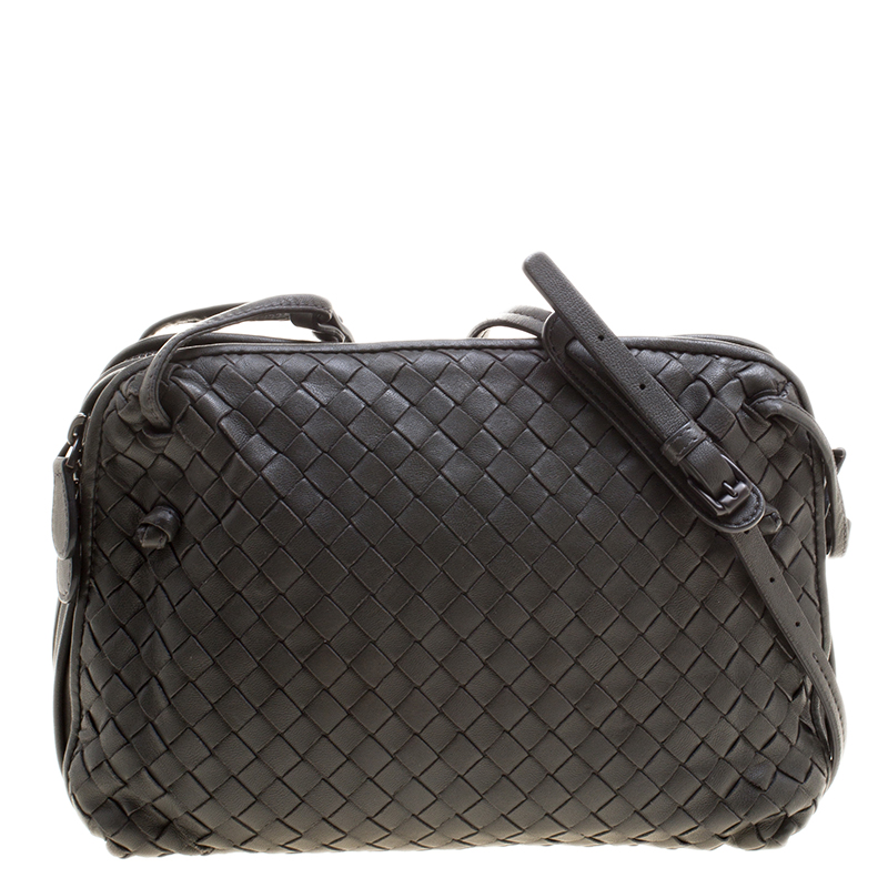 Bottega Veneta Grey Intrecciato Leather Double Messenger Bag
