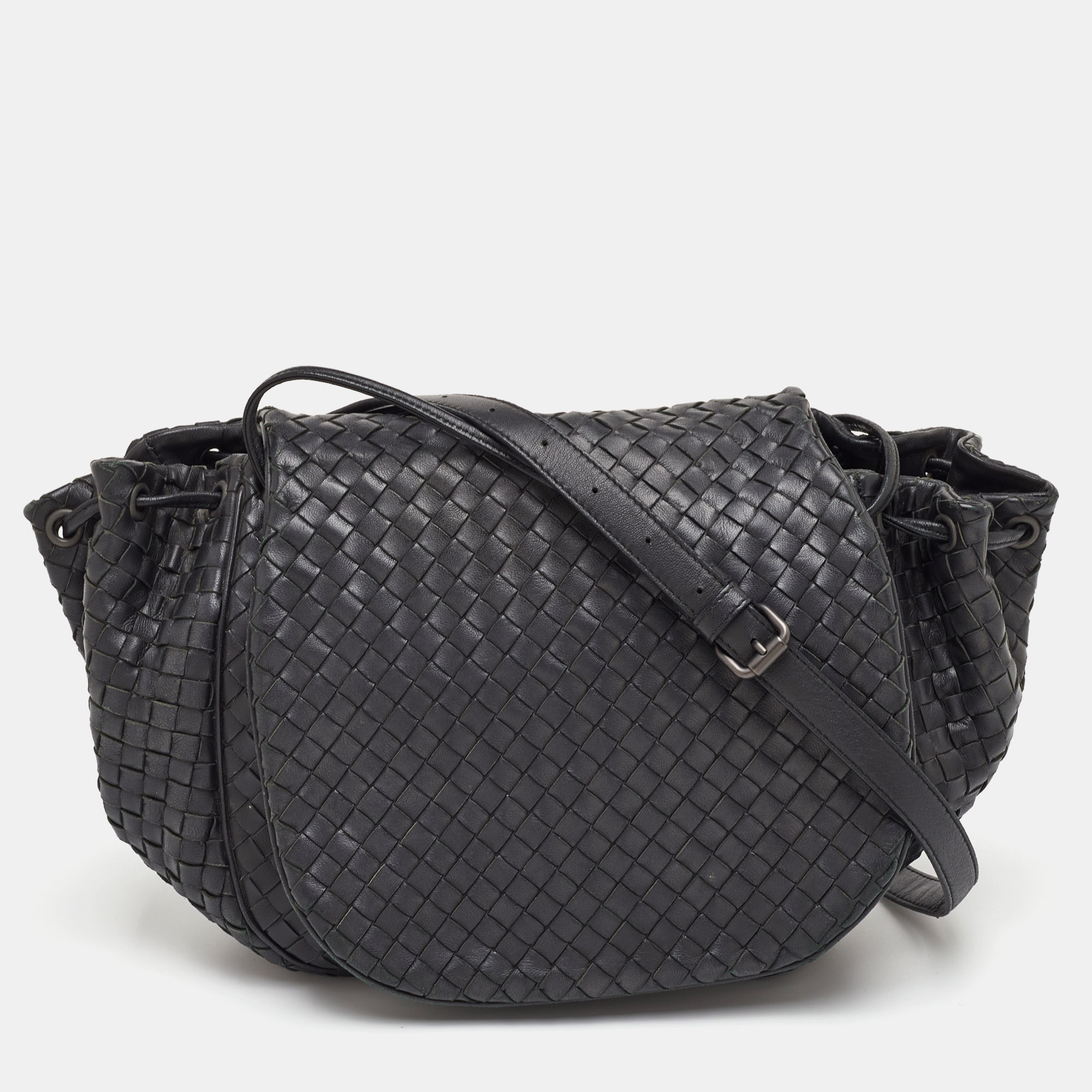 

Bottega Veneta Intrecciato Black Leather Drawstring Flap Crossbody Bag