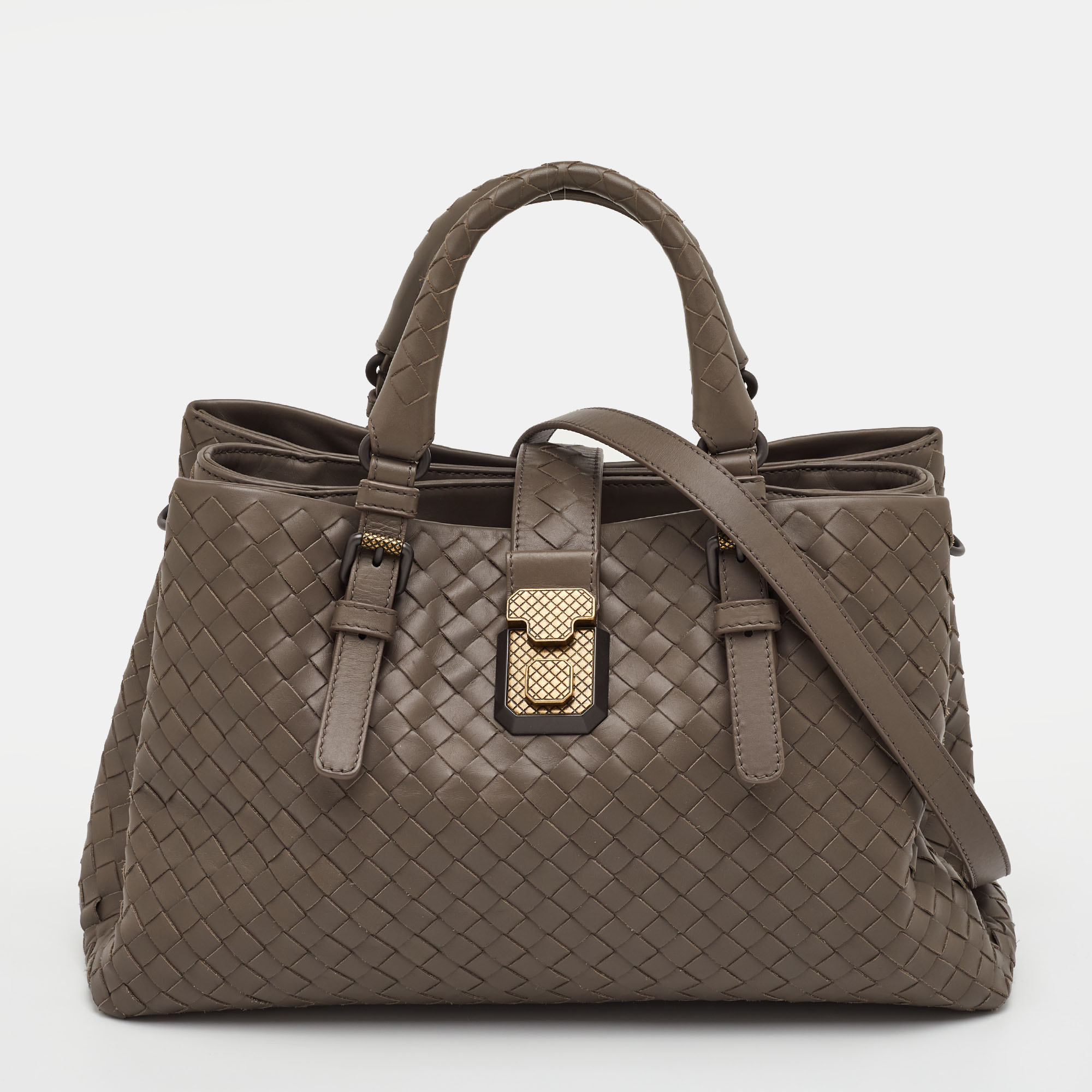

Bottega Veneta Roma  Taupe Grey Intrecciato Leather Tote