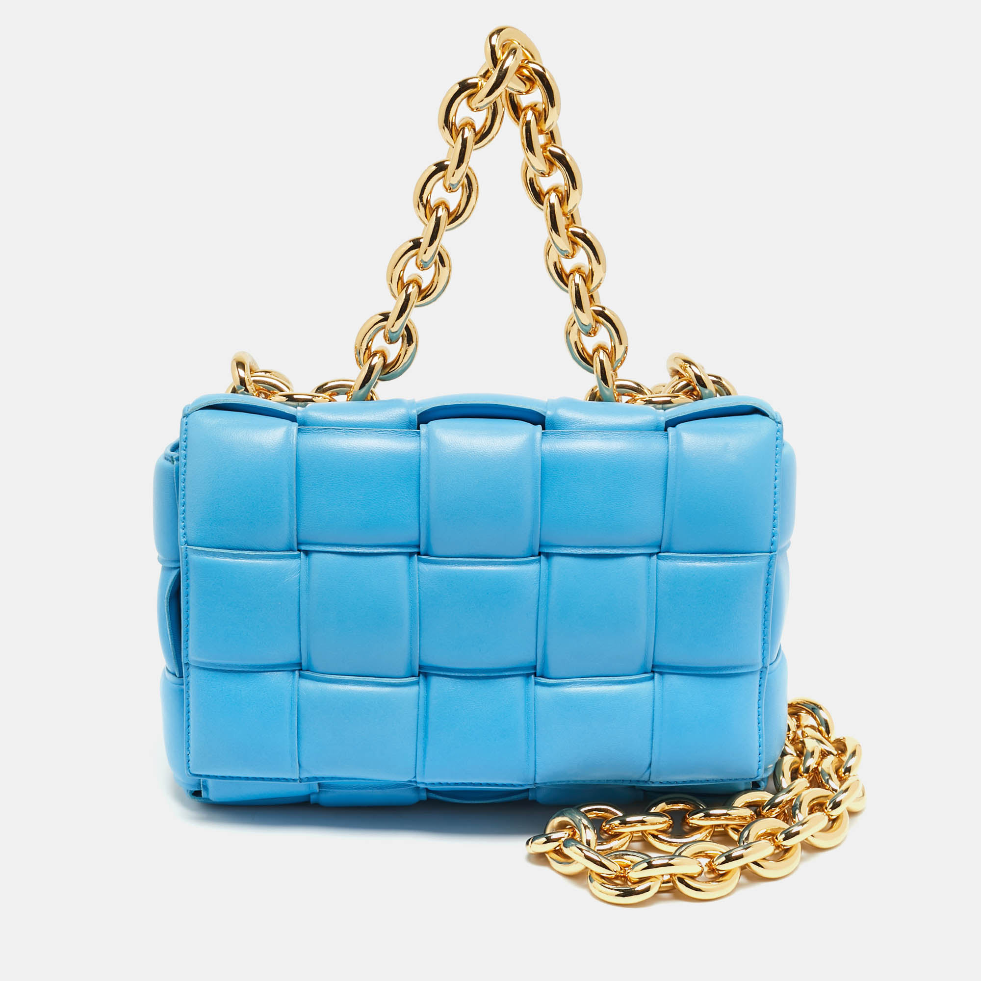 

Bottega Veneta Cassette Blue Padded Leather Chain Shoulder Bag