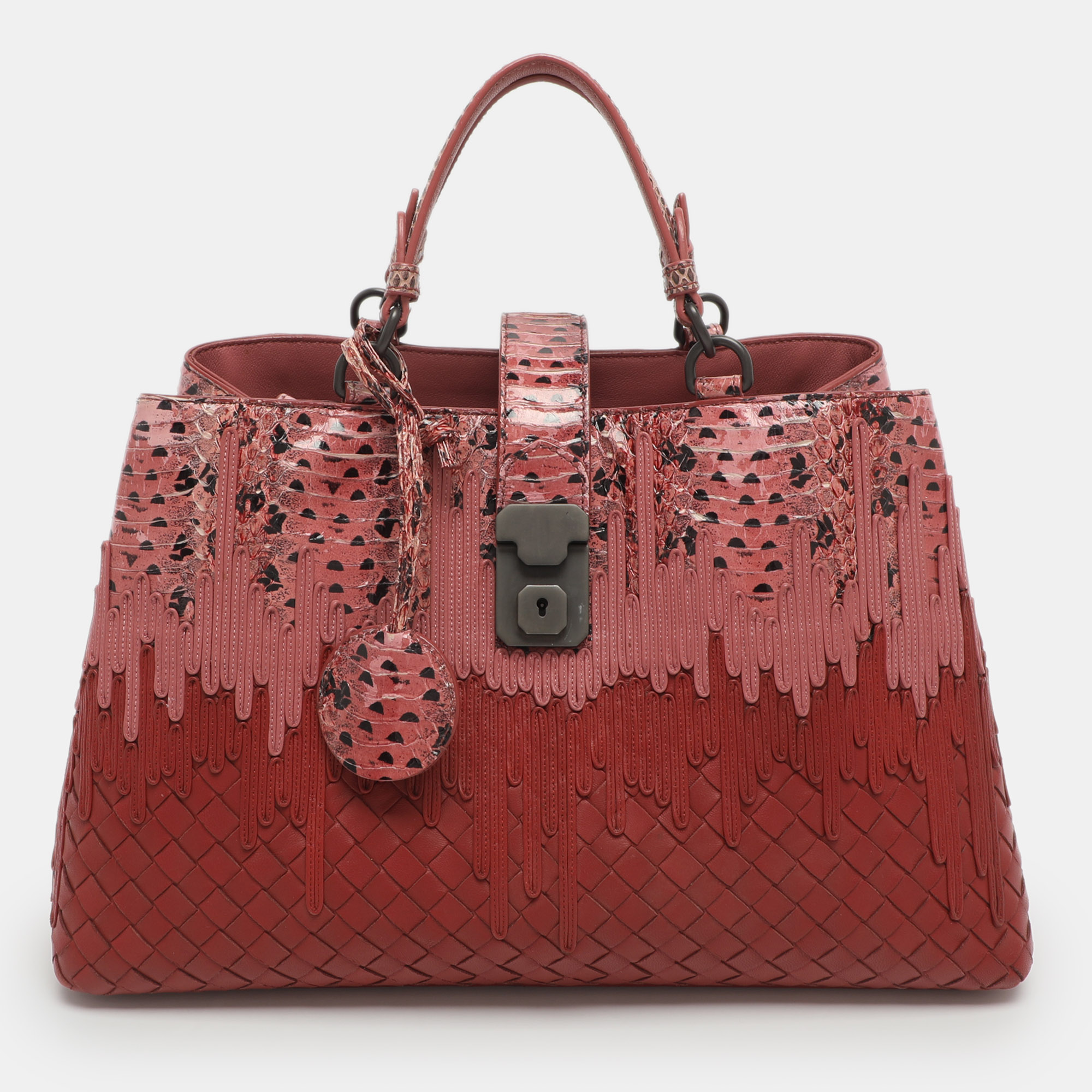 

Bottega Veneta Flow Wave Small Red/Pink Intrecciato Leather and Snakeskin Tote