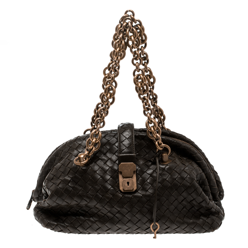 Pre Owned Bottega Veneta Brown Intrecciato Leather Bowling Bag