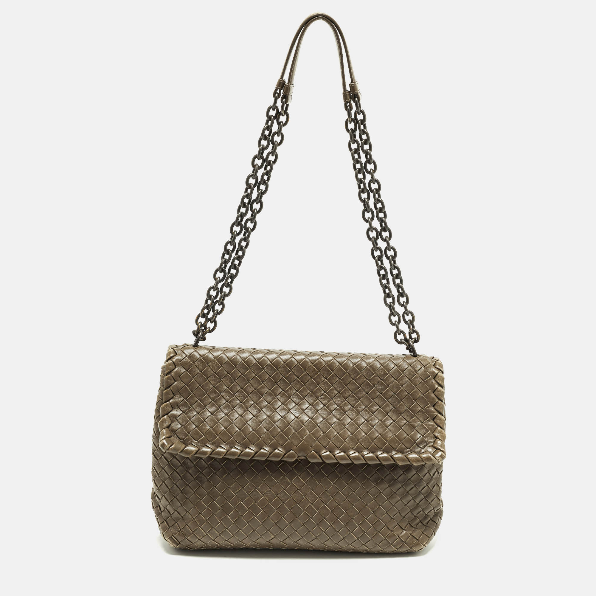 

Bottega Veneta Olimpia  Dark Beige Intrecciato Leather Shoulder Bag