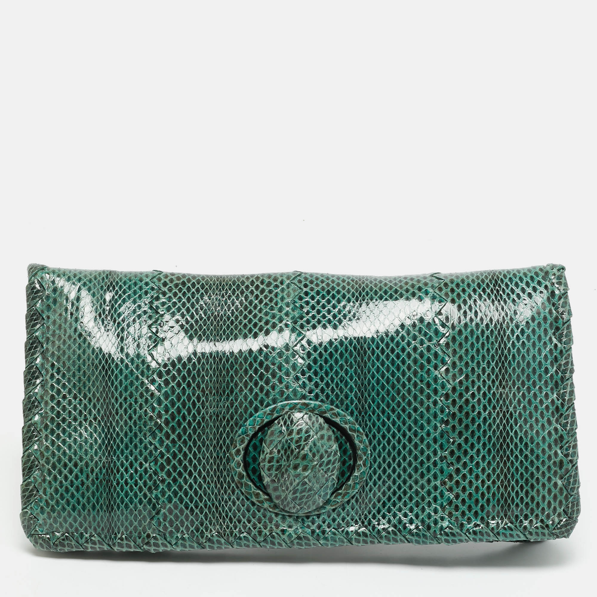 

Bottega Veneta Turnlock Green Watersnake Leather Flap Clutch
