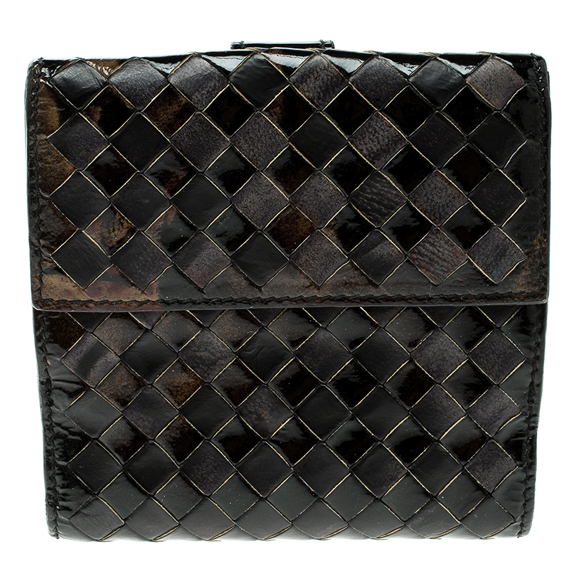 Pre Owned Bottega Veneta Black/Gold Intrecciato Leather Wallet
