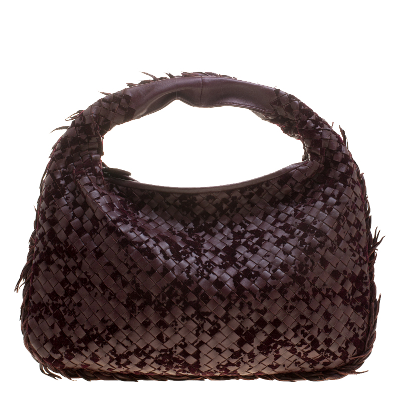 Pre Owned Bottega Veneta Burgundy Leather Intrecciato Velvet Speckled Hobo 