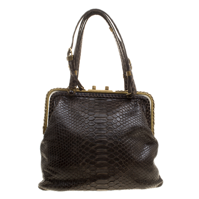 Pre Owned Bottega Veneta Dark Brown Python Frame Bag
