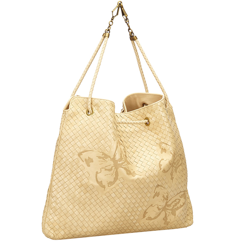 

Bottega Veneta Beige Aurora Waxed Leather Farfalle Drawstring Tote