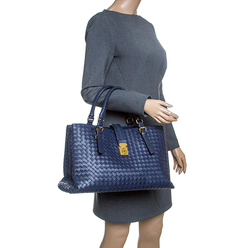 

Bottega Veneta Navy Blue Intrecciato Leather Roma Tote