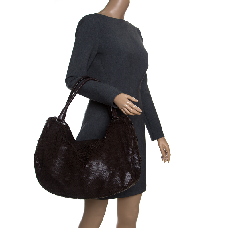 

Bottega Veneta Brown Sequins Leather Ebano Paillette Hobo