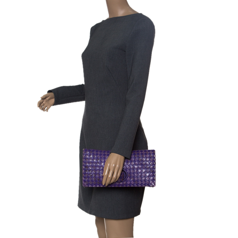 

Bottega Veneta Purple Intrecciato Snakeskin and Leather Twist Lock Clutch