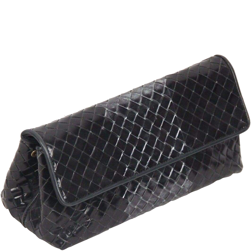 

Bottega Veneta Metallic Black Intrecciato Leather Clutch