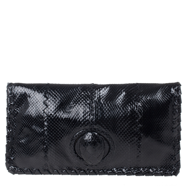 مملوكة مسبقًا Bottega Veneta Black Ayres Twist Lock Watersnake Clutch