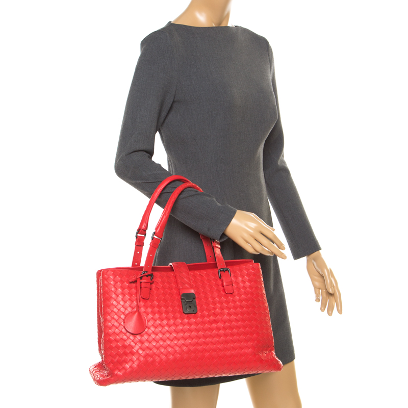 

Bottega Veneta Red Intrecciato Leather Roma Tote