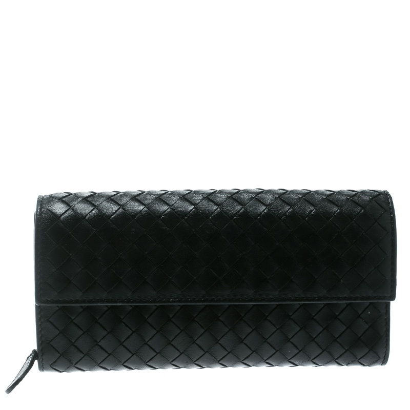 Pre Owned Bottega Veneta Black Intrecciato Leather Continental Wallet